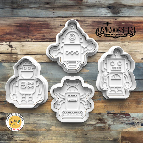 Robot Cookie Cutter + Imprint Stamp Set (4 cutters + 4 stamps)