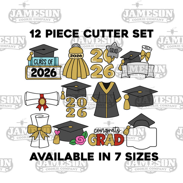 12 Piece Graduate Cookie Cutter Set - Cap, Gown, Diploma, Congrats Grad, Plaques, and more!