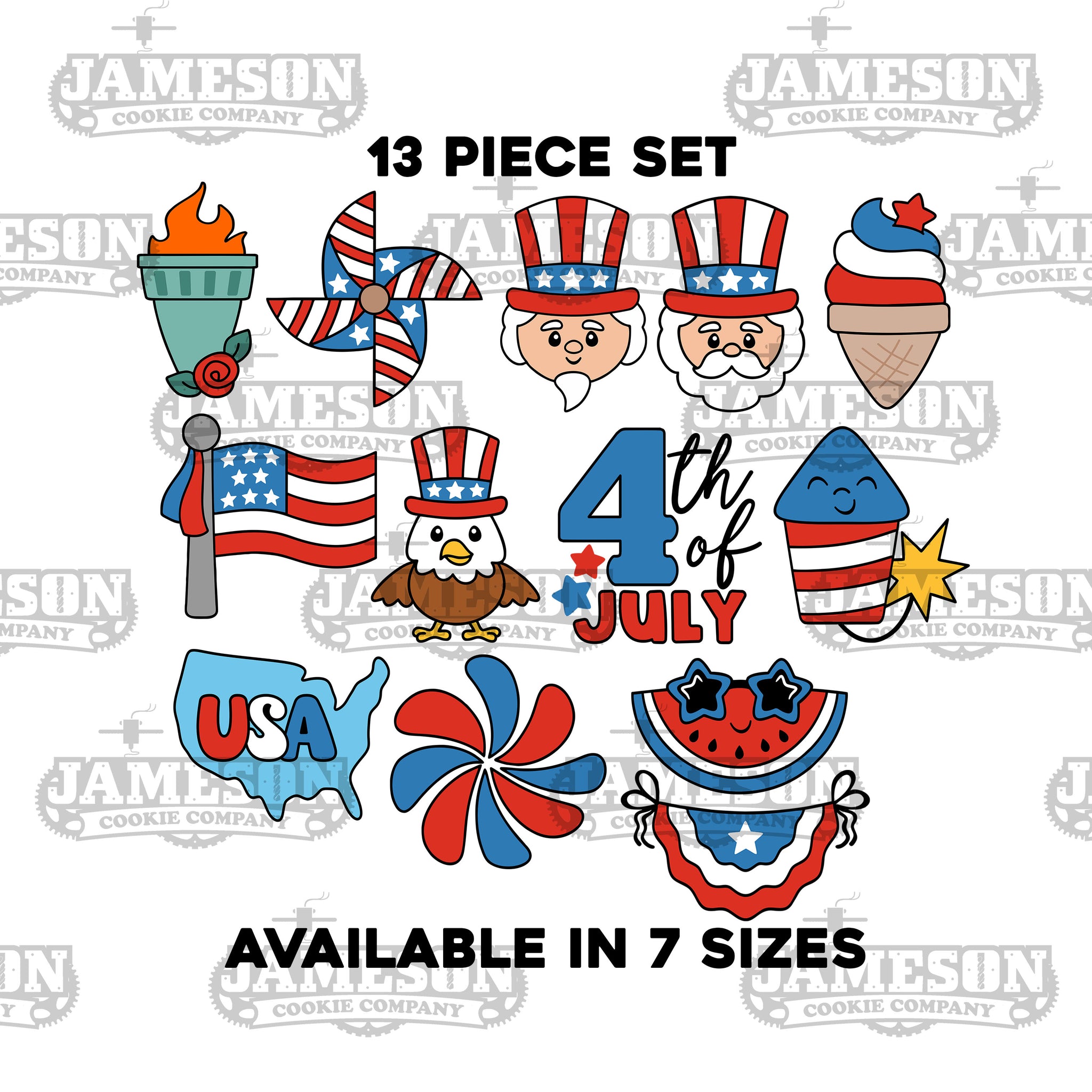 13 Piece Set 4th of July Cookie Cutter Set - Torch, Uncle Sam, Eagle, Flag, USA, Firework, Watermelon, and More!