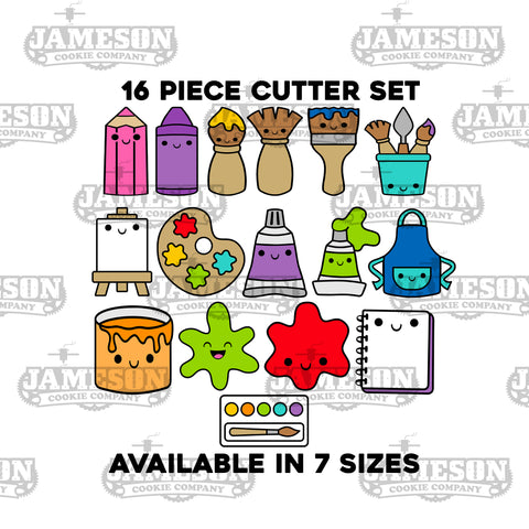 16 Piece School Art Themed Cookie Cutter Set - Paint Brushes, Splats, Easel, Crayon, Pencil, Smock, Paint Tube, and More!