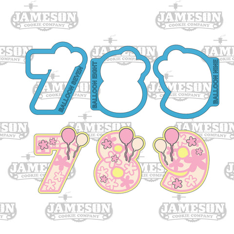 Numbers 7, 8, 9 with Balloons Cookie Cutter Set - Birthday Party Number Seven Eight Nine Cookie Cutter Set