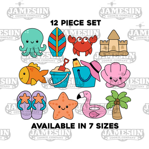 12 Piece Summer Beach Cookie Cutter Set -Octopus, Surfboard, Sand Castle, Sand Bucket, Beach Bag, Sea Shell, Flamingo, Palm Tree, and more!