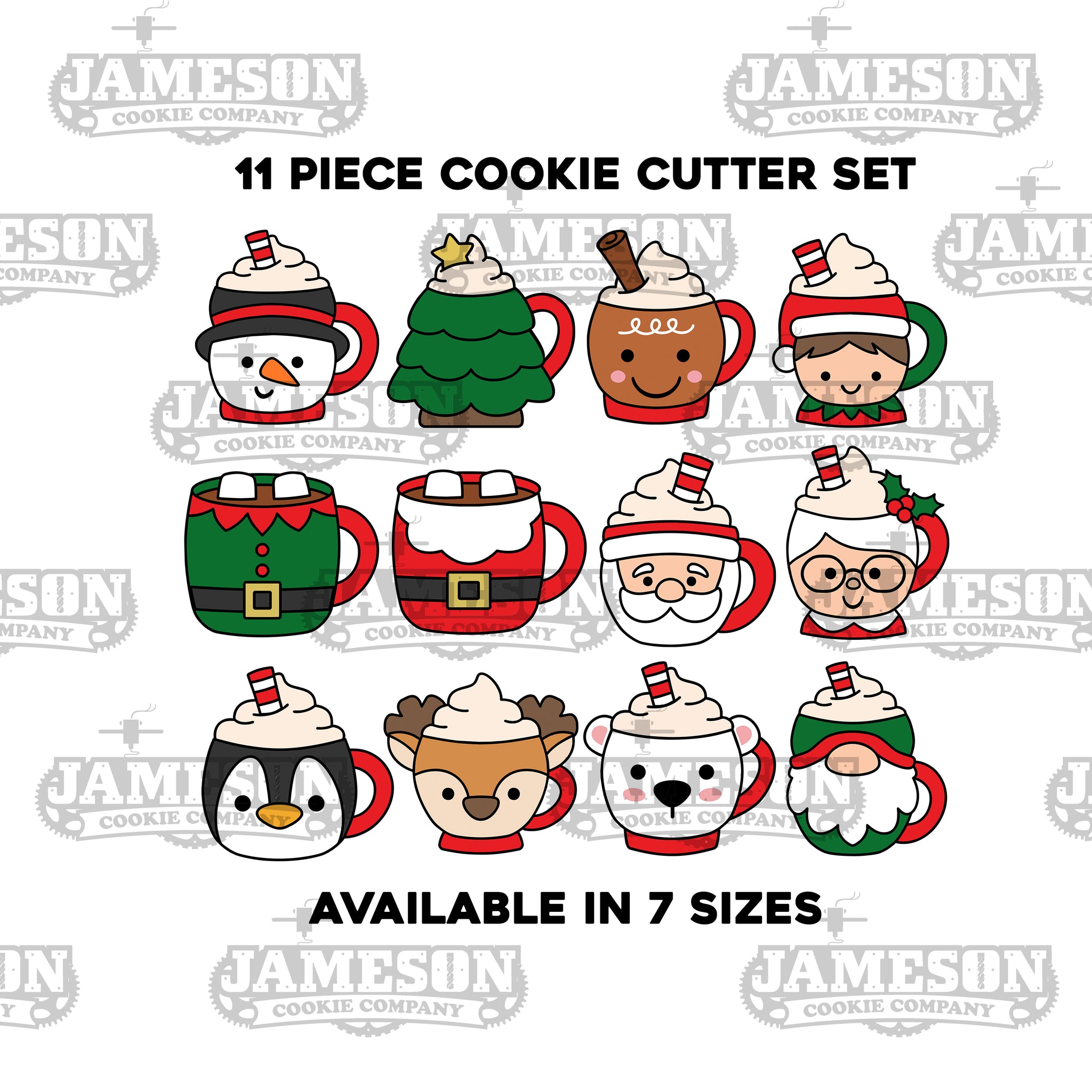 Christmas Coffee Cocoa Mug Cookie Cutter Set - 11 Piece Set - Elf, Santa, Gnome, Penguin, Polar Bear, Santa, Tree, and More!