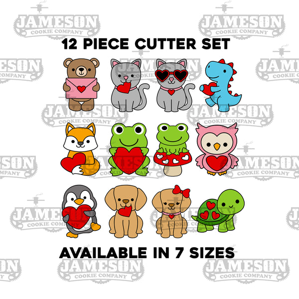 Chunky Valentine's Day Animal Cookie Cutter Set - 12 Piece Set - Bear, Cat, Dino, Fox, Owl, Frog, Penguin, Puppy, Turtle, and More!