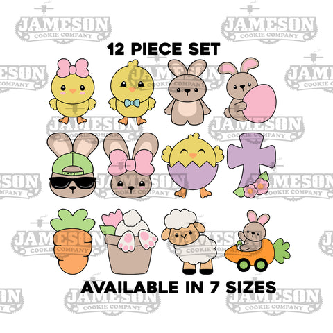 12 Piece Easter Cookie Cutter Set - Chick, Bunny, Bunny In Pot, Bunny Sunglasses, Carrot, Carrot Car, Lamb, Cross Flowers
