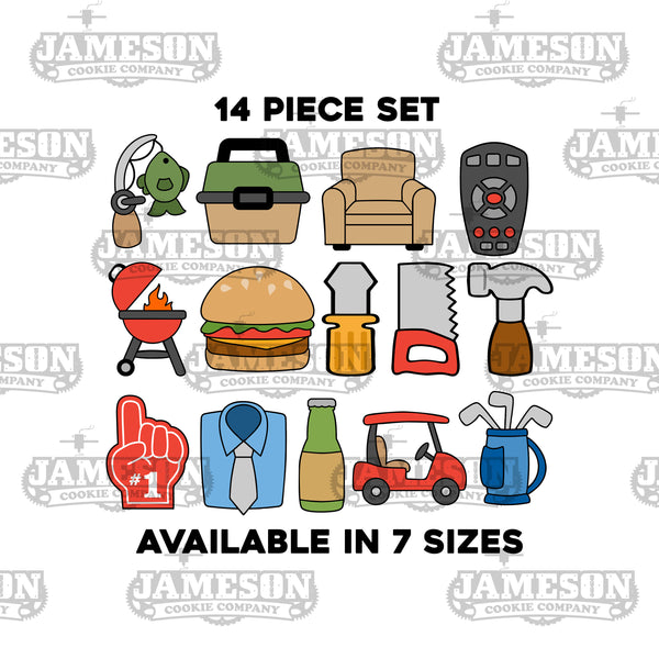 14 Piece Set Father's Day Cookie Cutter Set - Dad Shirt, Grill, Fishing, Tools, Golf, Beer, Burger, and More Shapes