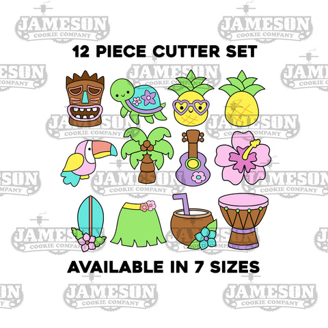 12 Piece Hawaiian Cookie Cutter Set - Tiki Head, Drum, Guitar, Palm Tree, Pineapple, Surfboard, Hibiscus, Grass Skirt, and More!