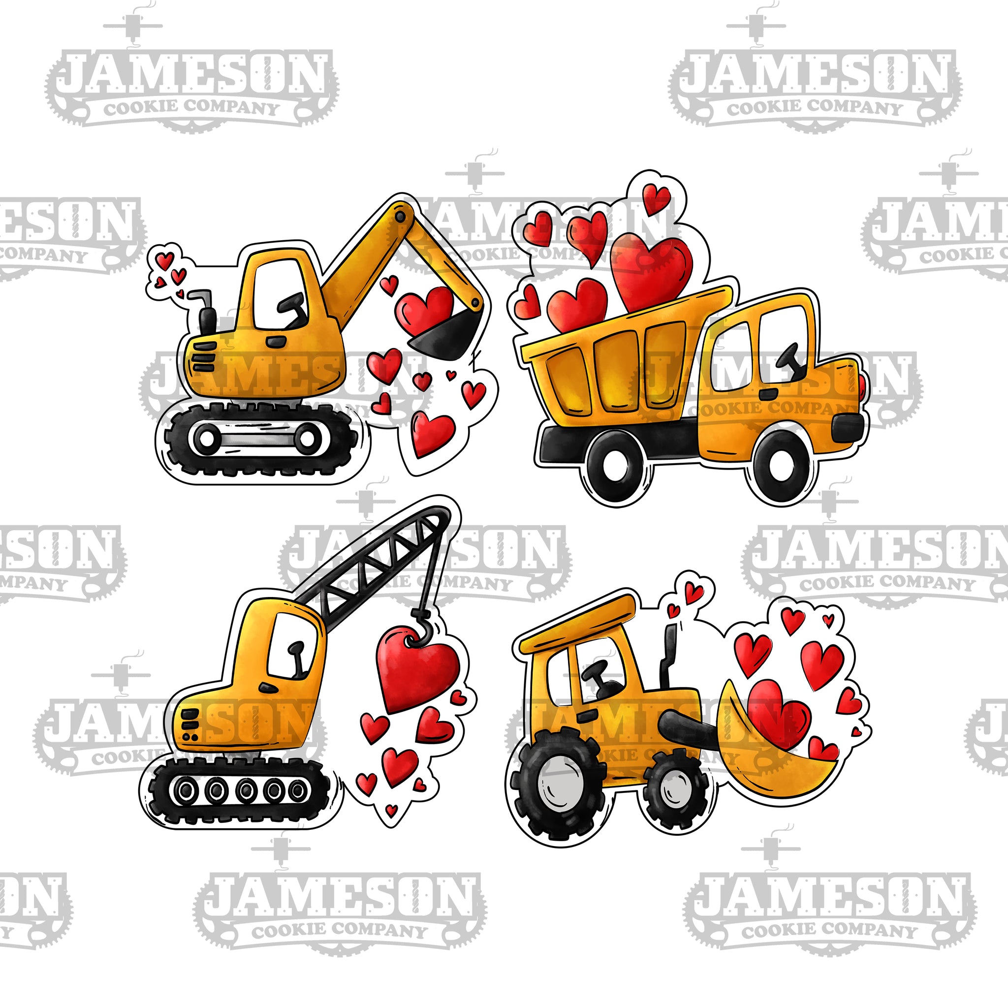 Valentine's Day Love Construction Cookie Cutter Set - Excavator, Dump Truck, Crane, and Bulldozer with Hearts