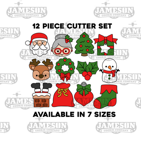 12 Piece Christmas Cookie Cutter Set - Santa, Mrs Claus, Snowman, Ornament, Wreath, Reindeer, Present, Sack, and more!