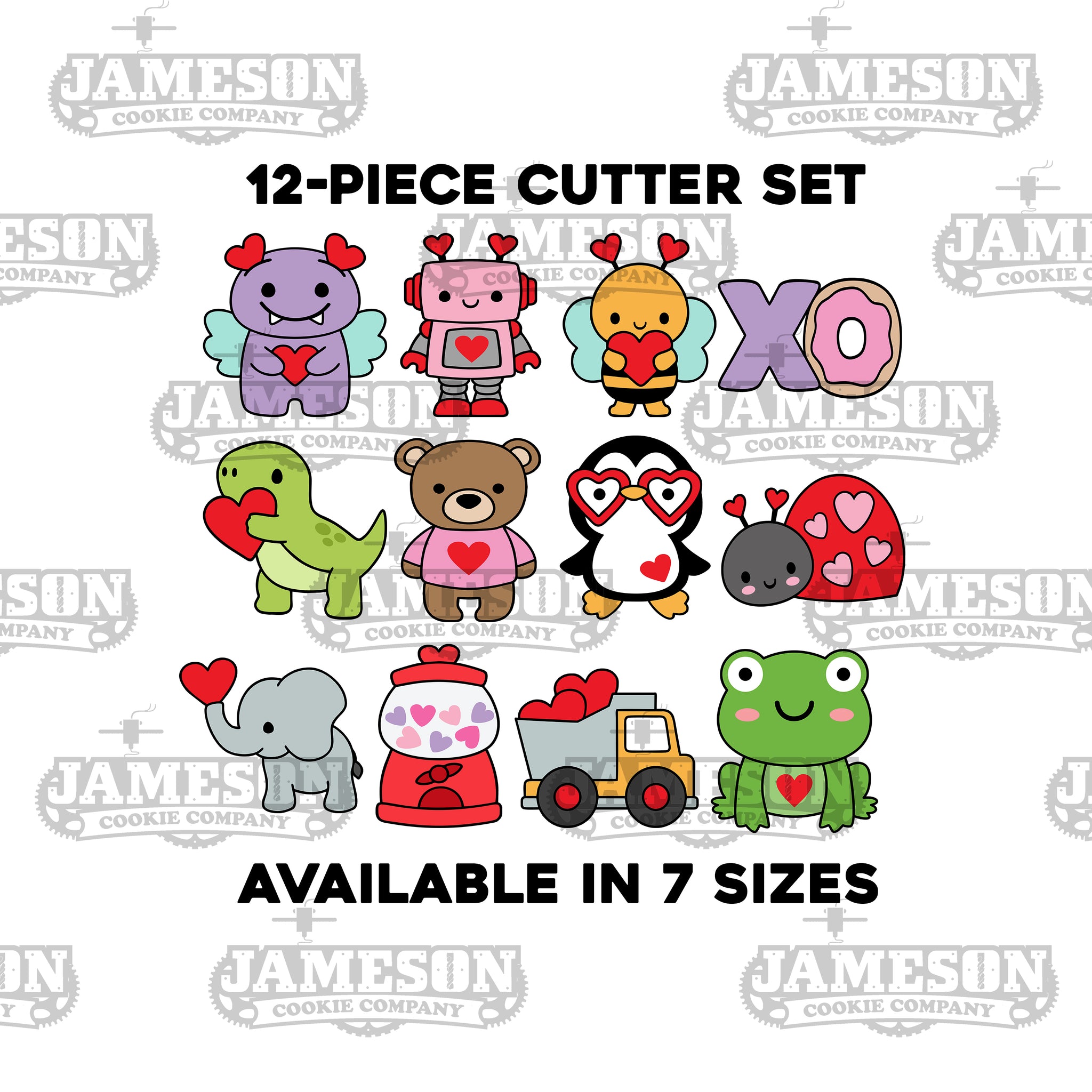 Valentine's Day Cookie Cutter Set - 12 Piece Set - Bear, Bee, Dino, Elephant, Frog, Gumball, Dump Truck, Robot, Penguin, XO, Monster