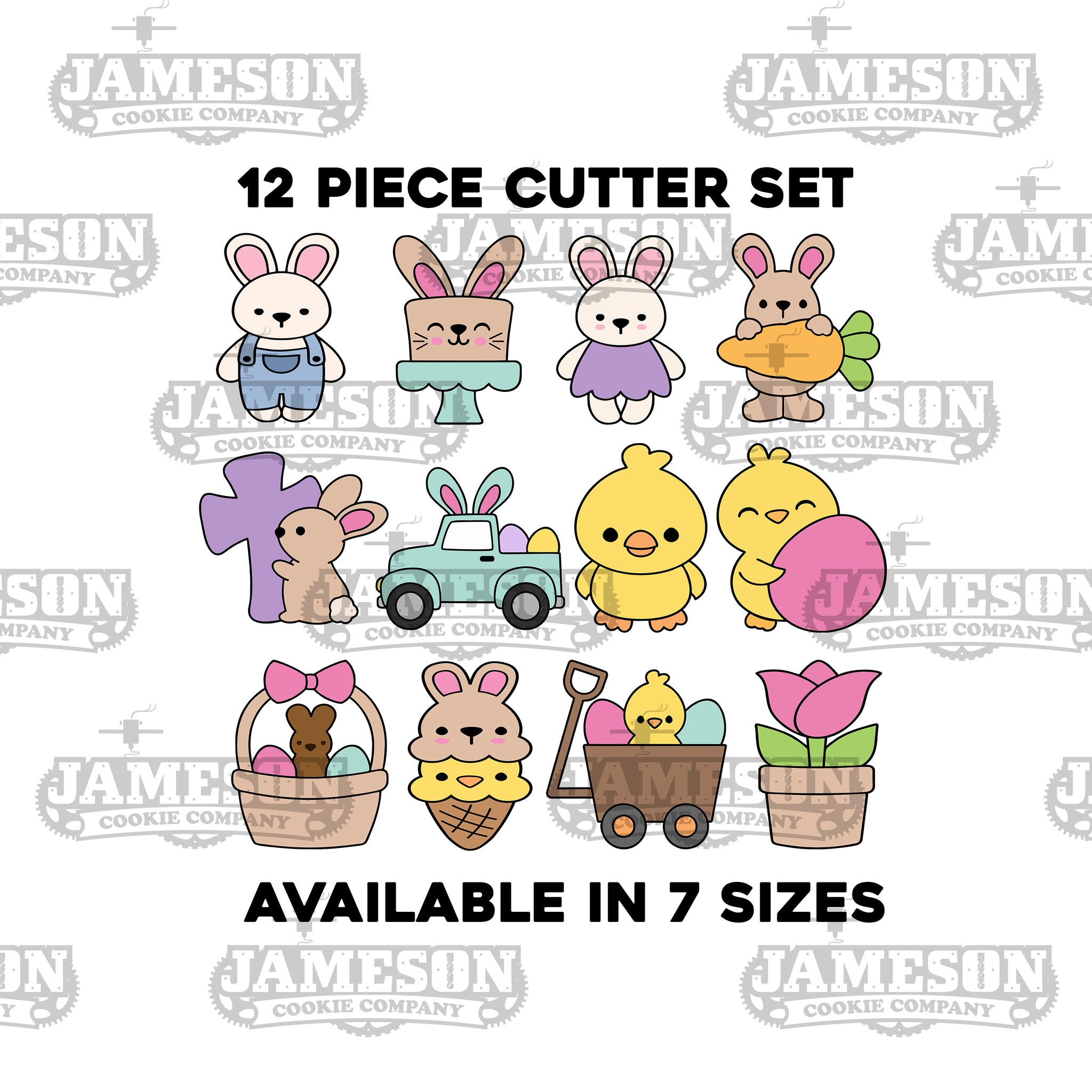 Easter Cookie Cutter Set - 12 Piece Set - Boy and Girl Bunny, Bunny Cross, Bunny Truck, Chick, Basket, Wagon, Tulip, and More!