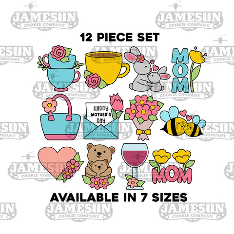 Mother's Day Cookie Cutter Set - 12 Piece Set - Mom Flowers, Bunnies, Bears, Bees, Bouquet, Wine, Purse, Heart, Cups