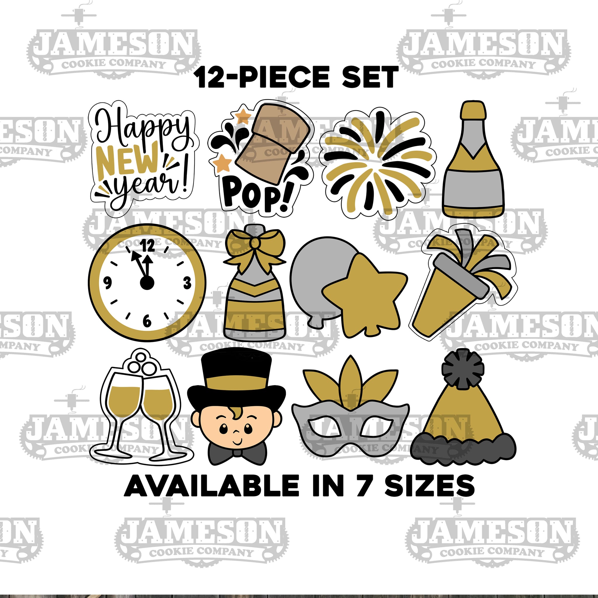 Mini Happy New Years Cookie Cutter Set - 12 Piece New Years Eve Set - Party Hat, Cork Pop, Champagne, Noisemaker, Baby, and more!