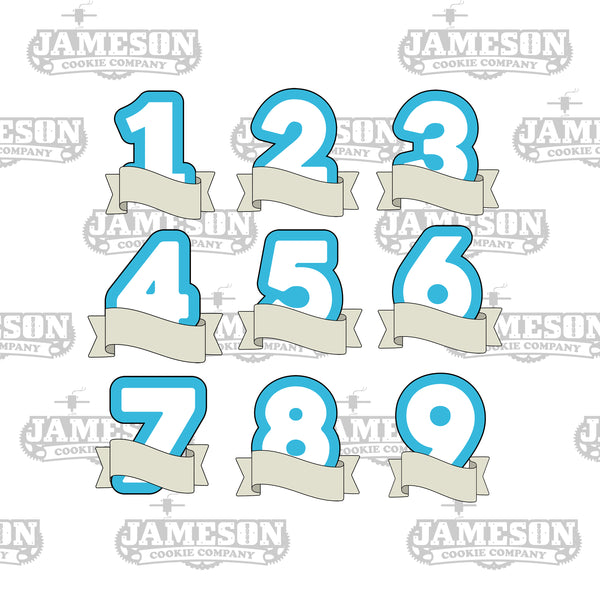 Number With Ribbon Banner Cookie Cutter Set - Full Set 1-9 of Numbers for Birthday