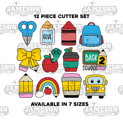 12 Piece Back to School Cookie Cutter Set - Pencil, Bus, Backpack, Crayon, Latte, Rainbow, Scissors, Bow, Mug, and more!