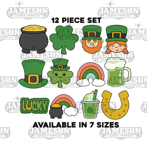 St. Patrick's Day Cookie Cutter Set - 12 Piece Set, Gold, Shamrock, Leprechaun, Hat, Rainbow, Beer, Horseshoe, Lucky, and more!