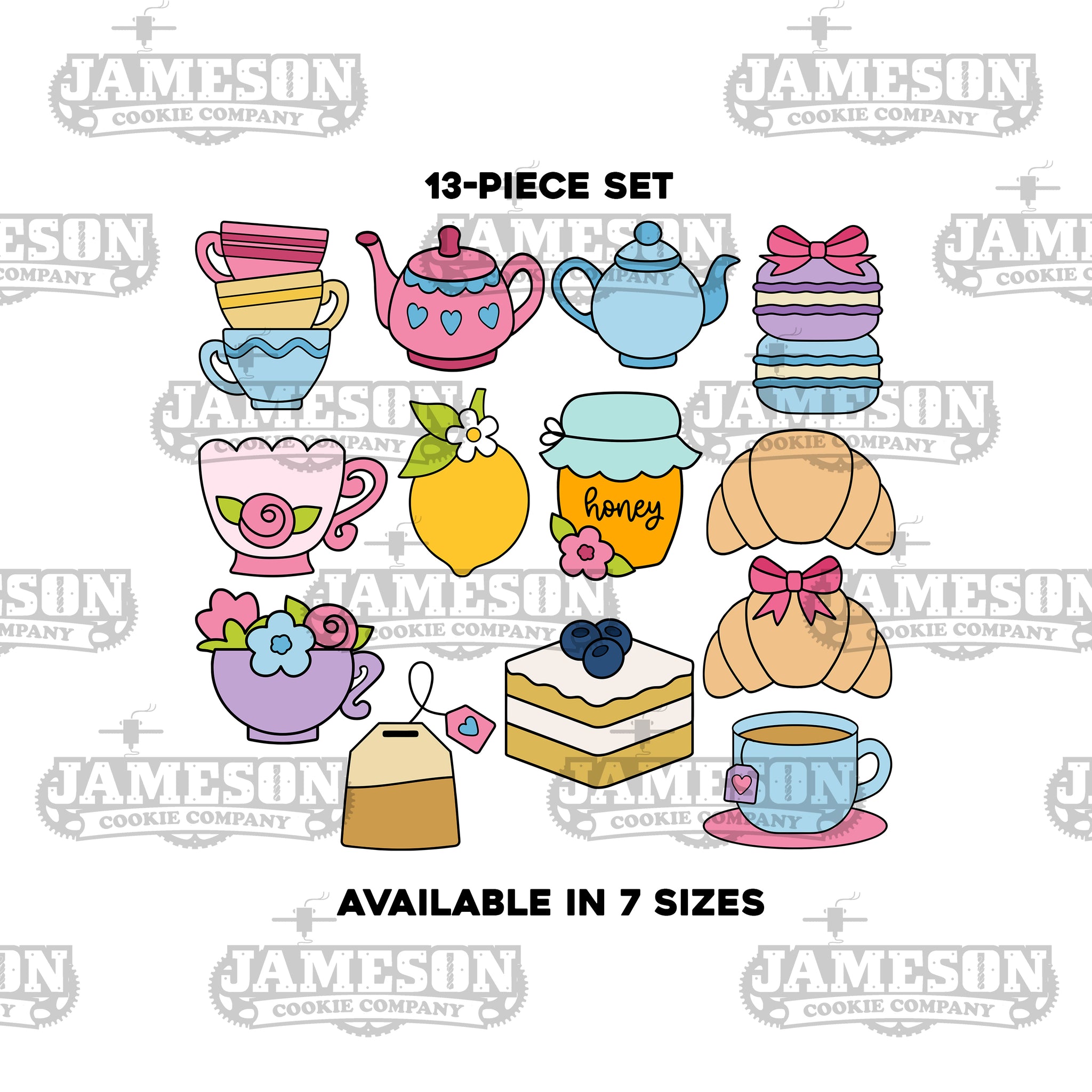 13 Piece Tea Party Cookie Cutter Set - Tea Cup Stack, Tea Pot, Lemon, Honey, Croissant, Pastry, Tea Bag, and More!