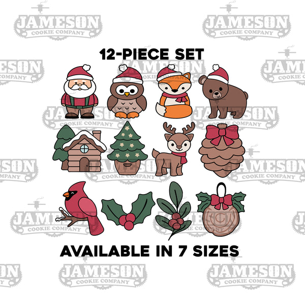 Woodland Christmas Cookie Cutter Set - 12 Piece Set - Santa, Cabin, Owl, Fox, Bear, Holly, Tree, Pinecone, and More!