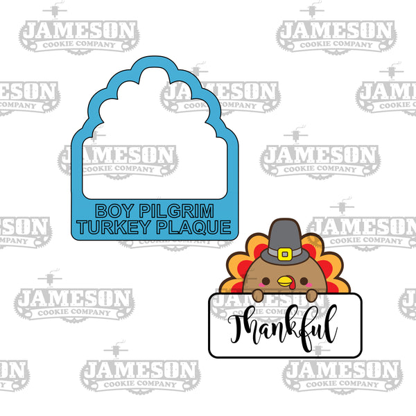Boy Pilgrim Turkey Plaque Cookie Cutter - Fall, Thanksgiving Theme Name Plaque