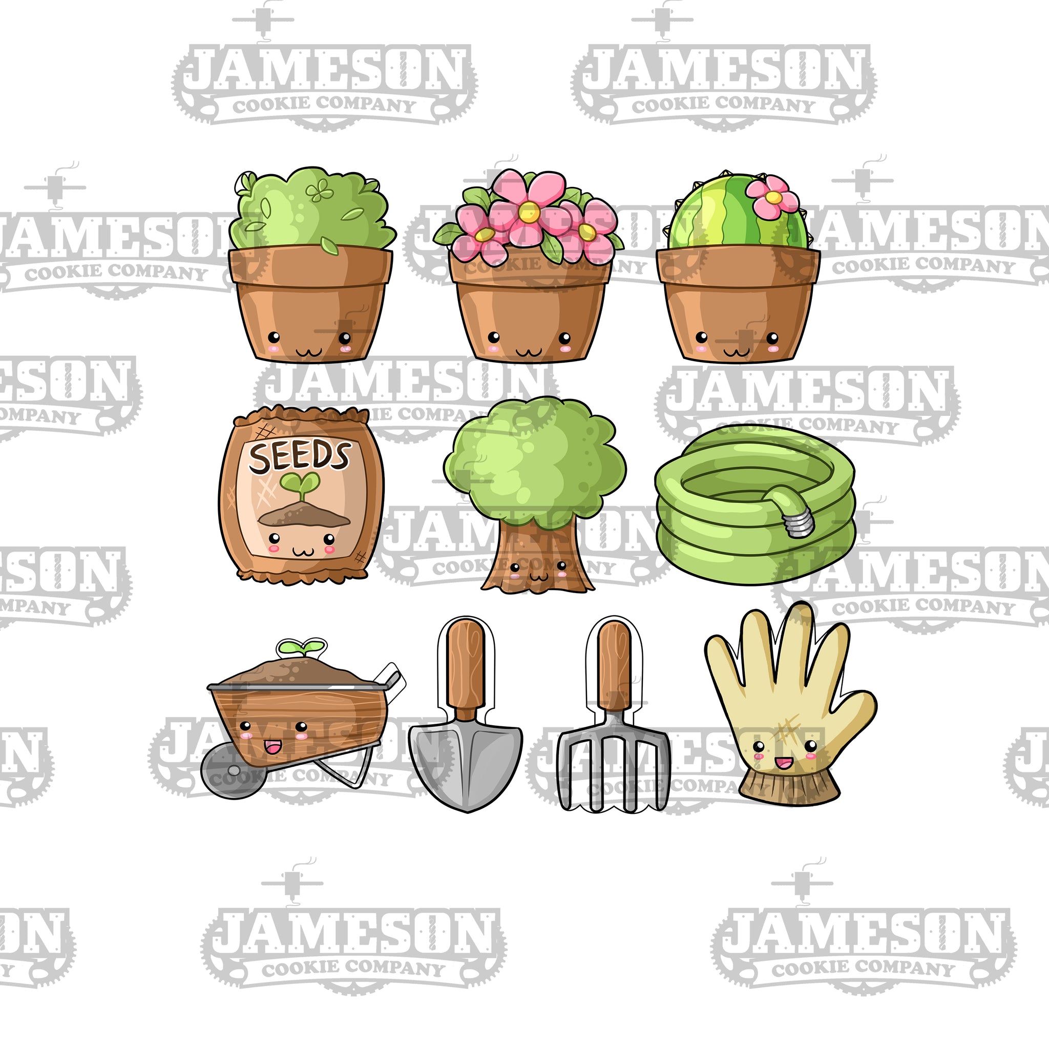 Garden Theme Cookie Cutter 10-Piece Set - Potted Plants, Hose, Rake, Shovel, Tree, Seeds, Wheelbarrow, Glove