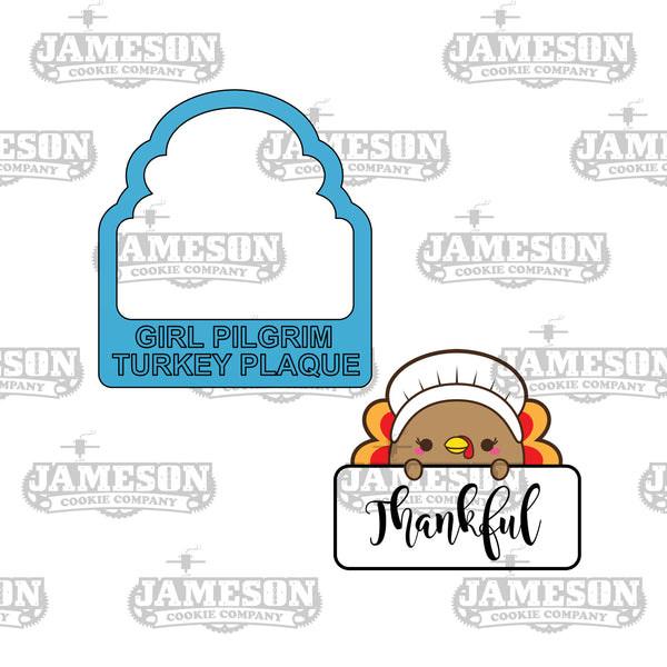 Girl Pilgrim Turkey Plaque Cookie Cutter - Fall, Thanksgiving Theme Name Plaque