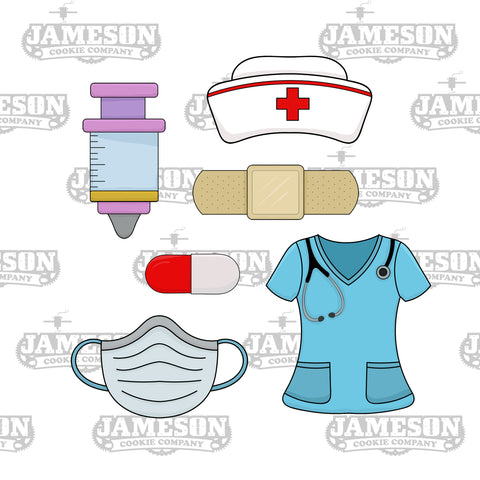 Nurse Appreciation Cookie Cutter Set - Doctor Medical Theme - Scrubs, Hat, Pill, Bandaid, Mask, Syringe