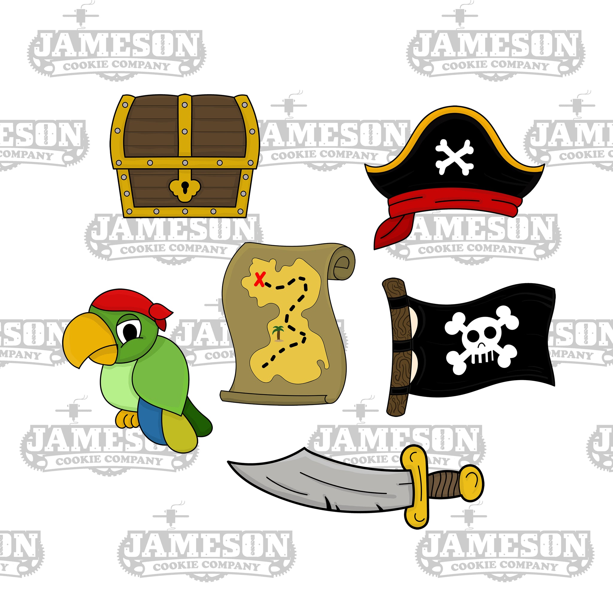 Pirate Theme Cookie Cutters - Birthday Party - Parrot Treasure Hat Map Flag Sword