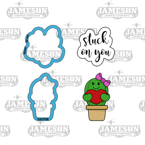 Stuck On You Cookie Cutter Set - Valentine's Day - Cactus With Bow Love Heart - Text Script Cookie Cutter