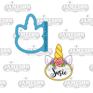 Floral Unicorn Plaque Cookie Cutter, Unicorn Ears and Horn, Name Plaque