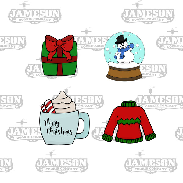 Christmas Mini Cookie Cutter Set 4- Christmas present - Snow Globe - Xmas Mug - Ugly Sweater