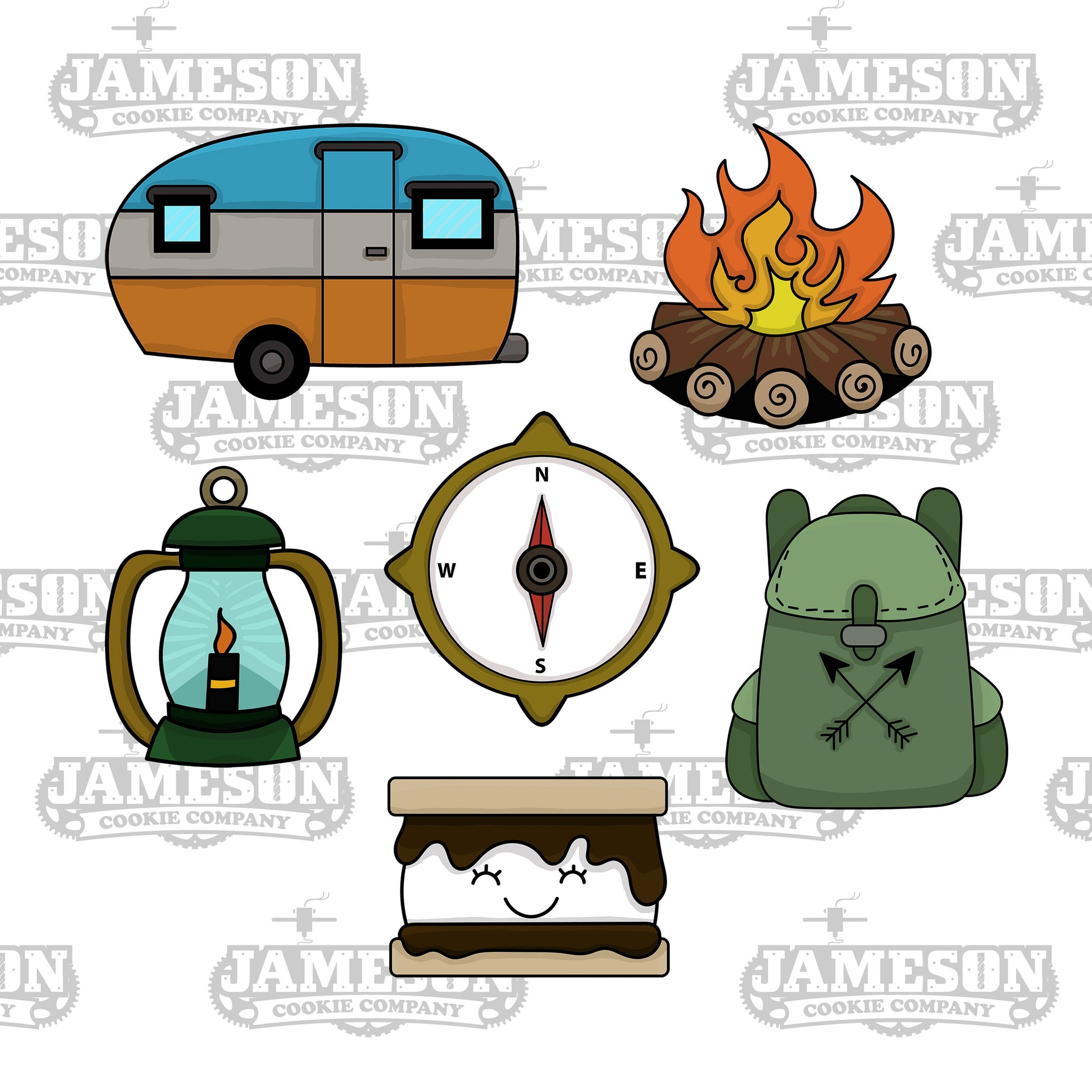 Camping Cookie Cutter Set Bundle - Camper Campfire Compass Backpack Lantern S'more