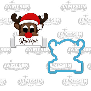 Reindeer Cookie Cutter with Plaque - Rudolph Cookie Cutter - Christmas Cookie Cutter