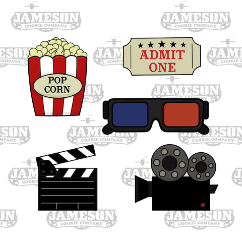 Movie Theme Cookie Cutter Set - Cinema - Theater - Popcorn, 3D Glasses, Clapboard, Projector, Ticket