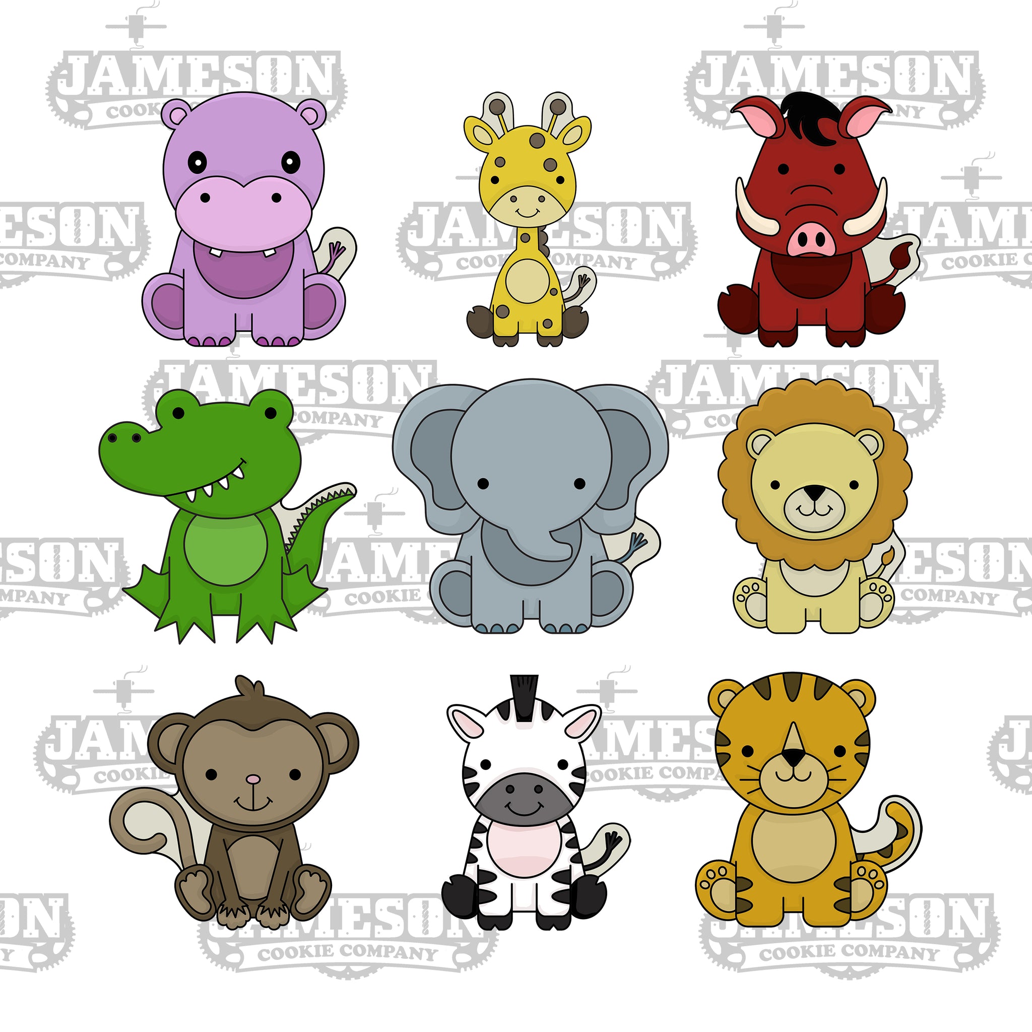 Safari Animal Cookie Cutter Set - Hippo, Giraffe, Warthog, Crocodile, Elephant, Lion, Monkey, Zebra, Tiger